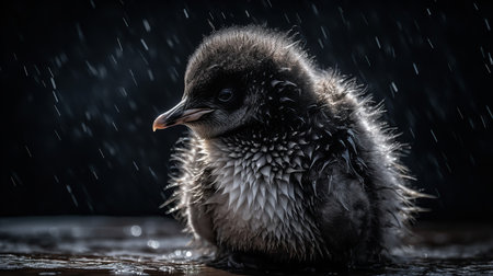 An atmospheric, high-definition photograph presents a Penguin chick standing steadfast amidst the chilling Antarctic winds, its downy feathers ruffling.の素材