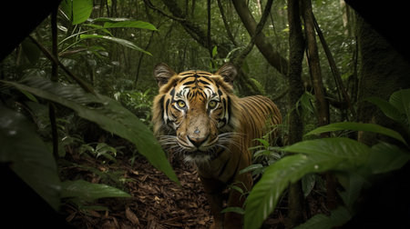 An eerie, high-resolution photograph offers a final glimpse of a Javan Tiger in the dense Indonesian Rainforest, a species recently lost to extinction.の素材