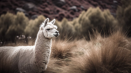 A serene, high-resolution photograph captures an alpaca during tranquil grazing in the Andean highlands, highlighting its calm demeanor and lush wool.の素材
