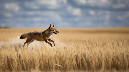 An adrenaline-filled, high-speed photograph captures a Swift fox in the midst of an energetic dash across the expansive grasslands of the Great Plains.の素材