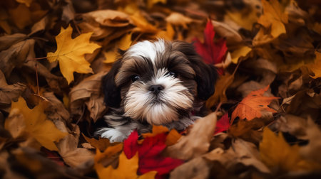 An enchanting, high-resolution photograph shows a Shih Tzu puppy's first romp in a pile of autumn leaves, its fur contrasting beautifully with the vibrant colors.の素材