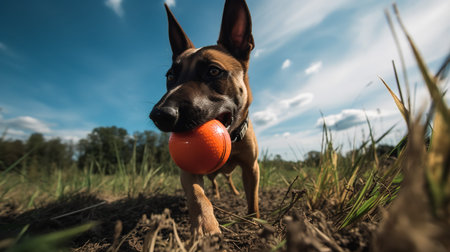 A playful, wide-angle photograph presents a Belgian Malinois puppy during playtime, chasing a colorful ball across the field with boundless energy.の素材