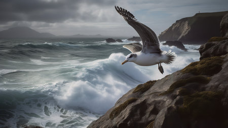 A poignant, high-speed photograph captures a baby Albatross learning to fly, its large wings catching the ocean breeze off the rocky cliffs.の素材