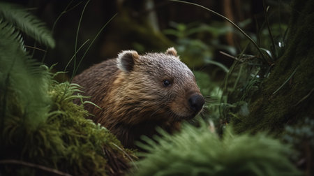 An intimate, high-resolution photograph capturing a solitary wombat foraging among the vibrant green vegetation of the Tasmanian wilderness. The brown fur of the wombat stands out against the verdant backdrop, creating a powerful contrast.の素材