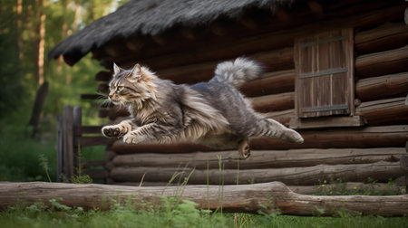 An action-packed, high-resolution photograph showcases a Kurilian Bobtail, a rare cat breed, during a graceful leap across a rustic Russian dacha, emphasizing its agility and playful nature.の素材