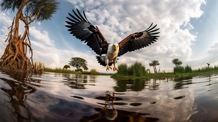 A stunning, wide-angle photograph showcases an African Fish Eagle during a strike in a Serengeti Lake, emphasizing its sharp talons and excellent fishing ability.の素材