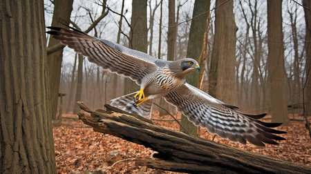 A thrilling, high-resolution photograph captures a Goshawk during an ambush in a deciduous forest, highlighting its precise flight maneuvering and ambush hunting style.の素材