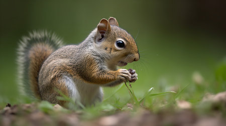 An endearing, high-resolution photograph documents a baby squirrel's first nut hunt in a suburban park, its bushy tail quivering with excitement.の素材