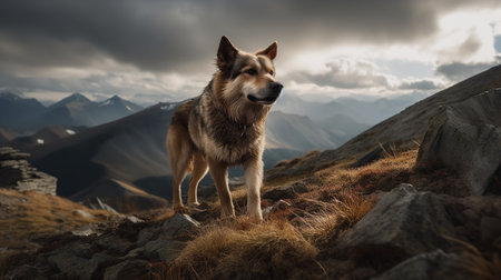 An action-packed, high-resolution photograph showcases a Chinook, a rare dog breed, during an adventurous trek across an Alpine landscape, highlighting its strength and endurance.の素材