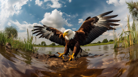 A stunning, wide-angle photograph showcases an African Fish Eagle during a strike in a Serengeti Lake, emphasizing its sharp talons and excellent fishing ability.の素材