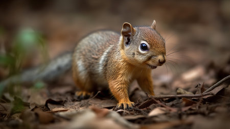 An endearing, high-resolution photograph documents a baby squirrel's first nut hunt in a suburban park, its bushy tail quivering with excitement.の素材