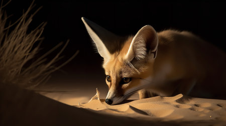 An evocative, low-light photograph presents a Fennec fox engaging in night-time foraging activities in the sweeping dunes of the Sahara Desert.の素材
