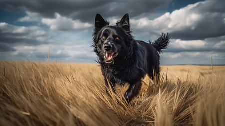 An exhilarating, wide-angle photograph portrays a Mudi, a rare dog breed, during a swift run across the expansive Hungarian steppes, emphasizing its speed and agility.の素材