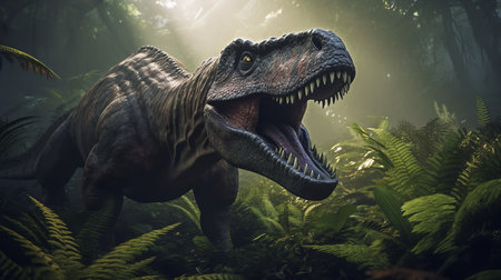 A stunning, high-resolution artistic representation portrays a mighty Tyrannosaurus Rex asserting dominance amidst the dense vegetation of the Late Cretaceous period.の素材