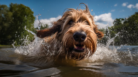 An exuberant, wide-angle photograph portrays an Otterhound, a rare dog breed, during a joyful dive in a serene lake, emphasizing its water-loving nature.の素材