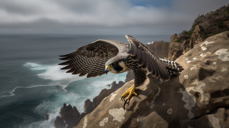 A thrilling, high-resolution photograph captures a Peregrine falcon during a swift dive in a coastal cliffside, emphasizing its unparalleled speed and hunting prowess.の素材