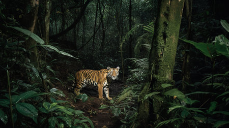 An eerie, high-resolution photograph offers a final glimpse of a Javan Tiger in the dense Indonesian Rainforest, a species recently lost to extinction.の素材