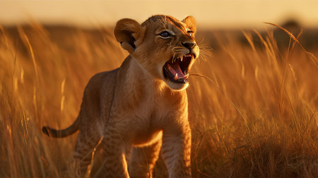 An emotive, high-definition photograph captures a Lion cub's first roar in the golden grasslands of the African Savannah, the sound reverberating under the clear blue sky.の素材