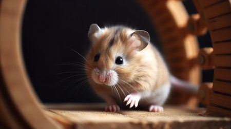 An endearing, close-up photograph captures a baby hamster's first exploration of the hamster wheel, its tiny paws gripping the metal rungs curiously.の素材