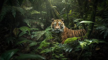 An eerie, high-resolution photograph offers a final glimpse of a Javan Tiger in the dense Indonesian Rainforest, a species recently lost to extinction.の素材