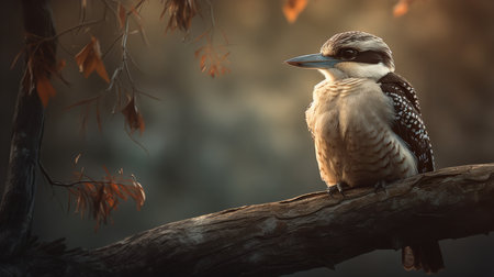 This atmospheric photograph captures the moment a Kookaburra, perched high atop a Gum tree, issues its distinct call into the soft light of early morning.の素材