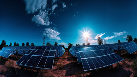 An array of solar panels with visible circuits glowing with blue light, the panels are positioned under a brilliant blue sky, symbolizing the future of renewable energy through technology.の素材
