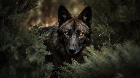 An intense, high-resolution photograph portrays an Iberian wolf in a stealthy stalk amidst the dense foliage of a Spanish forest, reflecting its elusive and wild nature.の素材