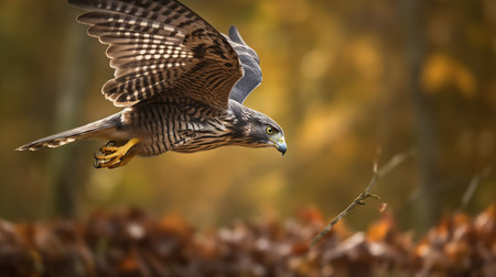 An action-filled, high-resolution photograph portrays a Merlin during a chase in the autumn countryside, reflecting its speed and agile hunting techniques.の素材