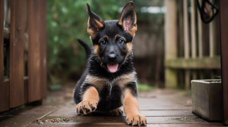 An inspiring, high-resolution photograph captures a German Shepherd puppy's first training session, showing tentative steps and an eager expression in the yard.の素材