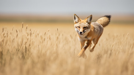 An adrenaline-filled, high-speed photograph captures a Swift fox in the midst of an energetic dash across the expansive grasslands of the Great Plains.の素材