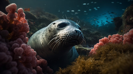 An emotional, underwater photograph showcases the last Caribbean Monk Seal on a vibrant coral reef, a striking symbol of the dire consequences of species extinction.の素材