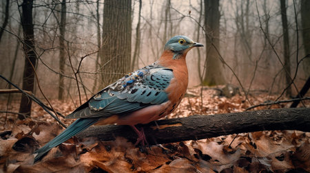 A sorrowful, high-resolution photograph captures the last Passenger Pigeon in an American woodland, a harsh reminder of the devastating effects of species extinction.の素材