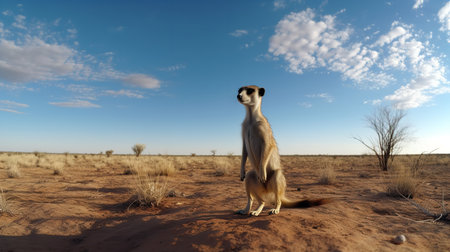 A striking, wide-angle photograph showcases a Meerkat during a watchful sentry in the Kalahari plains, emphasizing its vigilant behavior and social structure.の素材