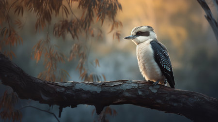 This atmospheric photograph captures the moment a Kookaburra, perched high atop a Gum tree, issues its distinct call into the soft light of early morning.の素材