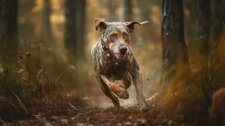 An action-packed, high-resolution photograph showcases a Catahoula Leopard Dog, a rare dog breed, during an energetic sprint through a dense Louisiana forest, highlighting its agility and speed.の素材