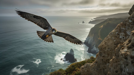 A thrilling, high-resolution photograph captures a Peregrine falcon during a swift dive in a coastal cliffside, emphasizing its unparalleled speed and hunting prowess.の素材