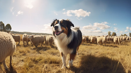 An engaging, wide-angle photograph showcases an Australian Shepherd executing a herding task, guiding a flock of sheep on a sunny ranch.の素材
