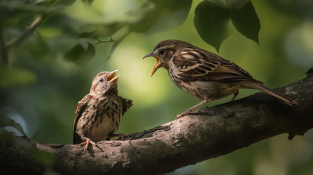 This candid snapshot captures a fledgling Sparrow learning to fly, with its mother encouraging from a nearby branch, under the leafy canopy of a tall oak tree.の素材