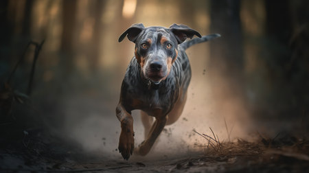 An action-packed, high-resolution photograph showcases a Catahoula Leopard Dog, a rare dog breed, during an energetic sprint through a dense Louisiana forest, highlighting its agility and speed.の素材