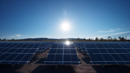 An array of solar panels with visible circuits glowing with blue light, the panels are positioned under a brilliant blue sky, symbolizing the future of renewable energy through technology.の素材