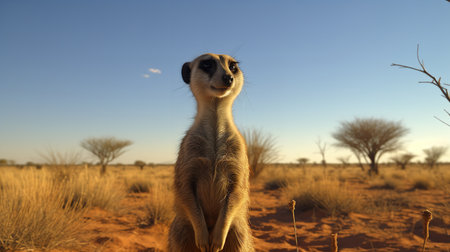 A striking, wide-angle photograph showcases a Meerkat during a watchful sentry in the Kalahari plains, emphasizing its vigilant behavior and social structure.の素材