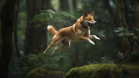 An action-packed, high-resolution photograph showcases a Kai Ken, a rare dog breed, during a bold leap amidst the dense Japanese forest, highlighting its bravery and athleticism.の素材