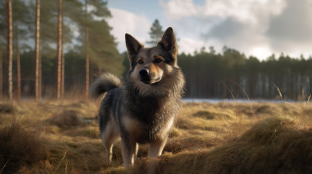 A stunning, high-resolution photograph captures a Swedish Vallhund, a rare dog breed, demonstrating its herding prowess in the serene Nordic countryside.の素材