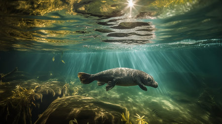 This stunning underwater photograph shows a Platypus diving gracefully in a crystal clear creek, its body silhouetted against the dappled sunlight filtering through the water surface.の素材