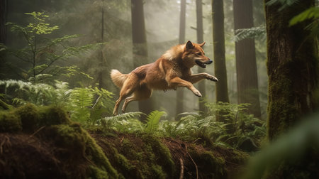 An action-packed, high-resolution photograph showcases a Kai Ken, a rare dog breed, during a bold leap amidst the dense Japanese forest, highlighting its bravery and athleticism.の素材