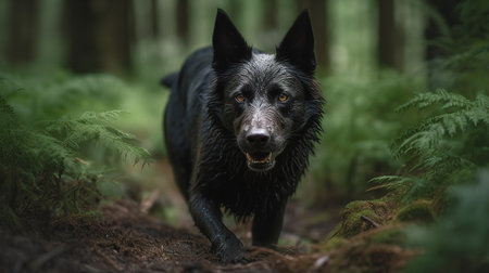 An intense, high-speed photograph depicts a Dutch Shepherd during search and rescue training, purposefully navigating the dense undergrowth of a forest.の素材