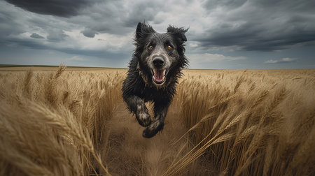 An exhilarating, wide-angle photograph portrays a Mudi, a rare dog breed, during a swift run across the expansive Hungarian steppes, emphasizing its speed and agility.の素材