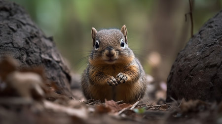 An endearing, high-resolution photograph documents a baby squirrel's first nut hunt in a suburban park, its bushy tail quivering with excitement.の素材