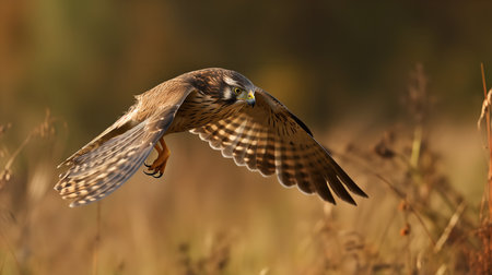 An action-filled, high-resolution photograph portrays a Merlin during a chase in the autumn countryside, reflecting its speed and agile hunting techniques.の素材