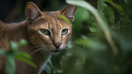 An intense, high-resolution photograph captures a Chausie, a rare cat breed, in a stealthy stalk amidst the dense foliage of an urban garden, showcasing its wild ancestry.の素材